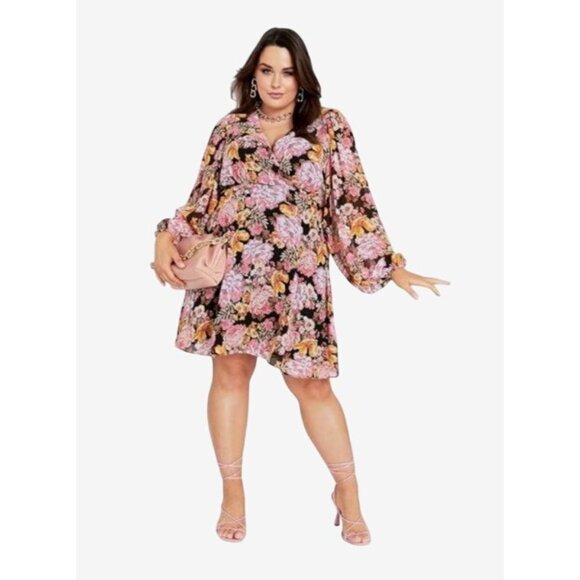 City Chic Womens Plus Size 16 Juliet Bright Floral Print Long Sleeve Midi Dress - Picture 6 of 8
